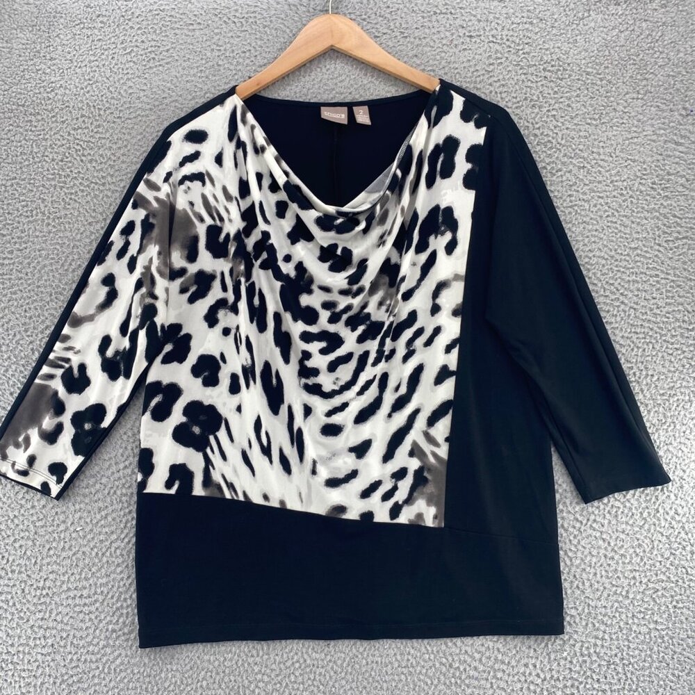Chicos Top Women 2 US Large Black Animal Print Draped Long Dolman Sleeve Stretch